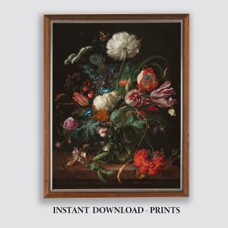 Moody Floral Oil Painting, Antique Dark Still Life Poster