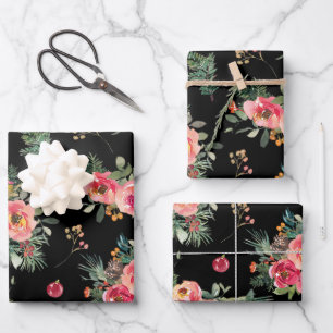 Moody Floral Pattern   Black Christmas Botanical Wrapping Paper Sheet