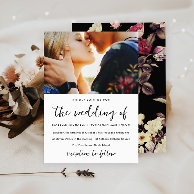 Moody Floral Pattern Photo Wedding Invitation (This beautiful floral wedding white invitation is also available in black and ivory.)