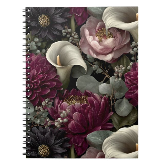 Moody Floral Pattern with Dahlias and Calla Lilies Notebook (Front)