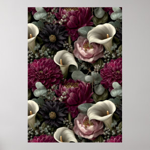Moody Floral Pattern with Dahlias and Calla Lilies Poster