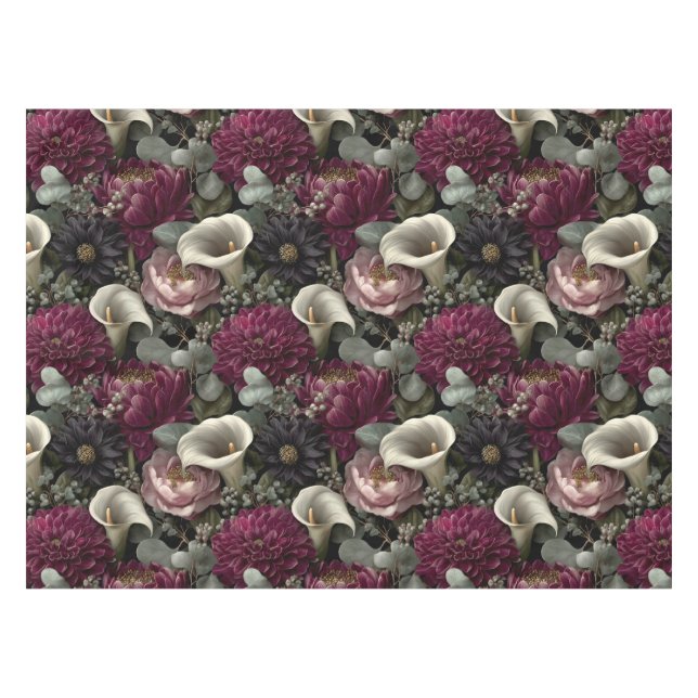 Moody Floral Pattern with Dahlias and Calla Lilies Tablecloth (Front (Horizontal))