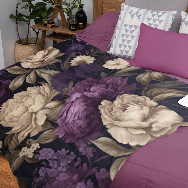 Moody Floral Peonies Purple Cream Gothic Fleece Blanket (Creator Uploaded)