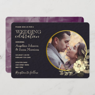 Moody Floral Purple Gold Black Wedding Invitation