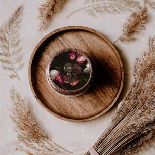 Moody Floral Wedding Dark Romantic Black Burgundy Classic Round Sticker