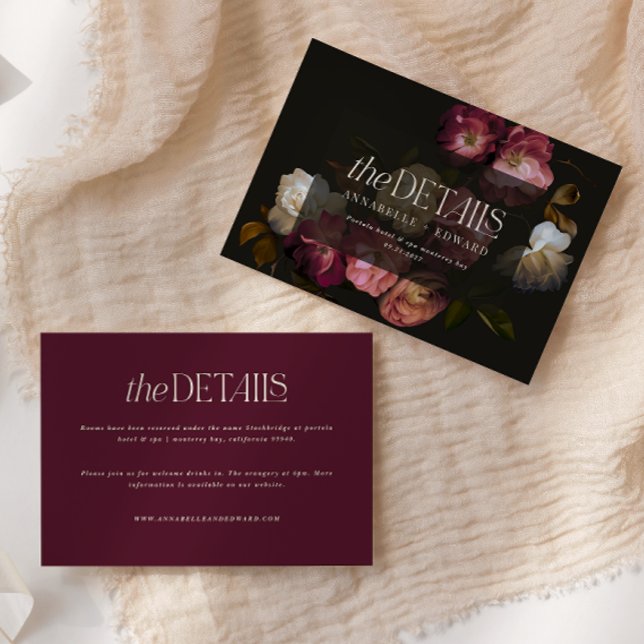 Moody Floral Wedding Details Burgundy & Black Enclosure Card (Creator Uploaded)