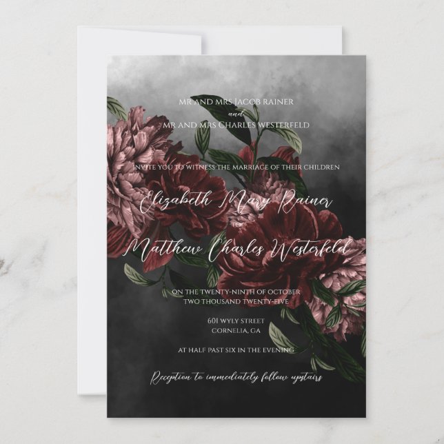 Moody Floral Wedding Invitation with QR code (Front)