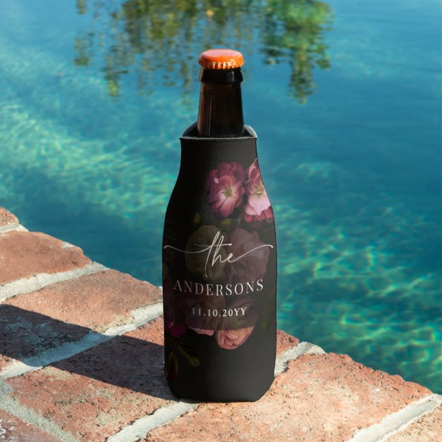 Moody Floral Wedding Personalised Dark Bottle Cooler (In Situ Pool)