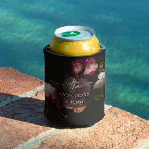 Moody Floral Wedding Personalized Dark Can Cooler