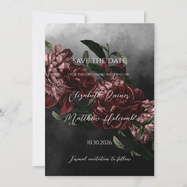 Moody Floral Wedding Save the Date with QR code Invitation (Front)