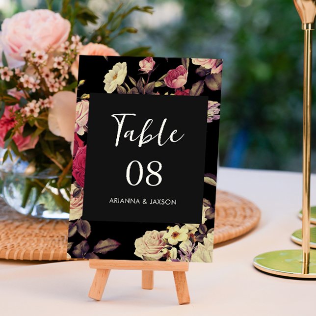 Moody Floral Wedding Table Number (This beautiful double sided floral table number sign features elegant vintage look flowers.)