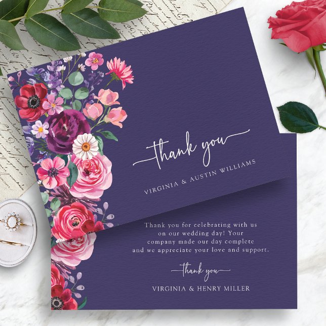Moody Floral Wedding Thank You Card (Moody Navy Blue Watercolor Floral Wedding Thank You Card by Painted Paperie
)