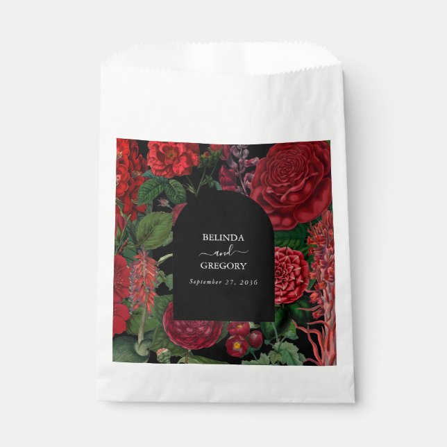 Moody Florals Black Arch Burgundy Red Wedding  Favour Bags (Front)