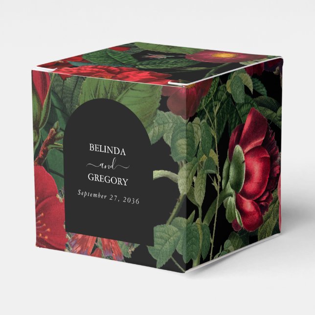 Moody Florals Black Arch Burgundy Red Wedding Favour Box (Front Side)