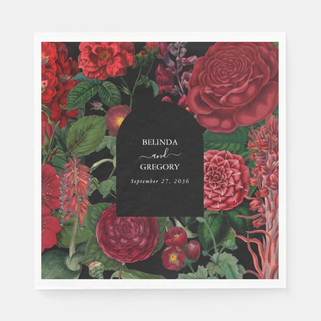 Moody Florals Black Arch Burgundy Red Wedding Napkin (Front)