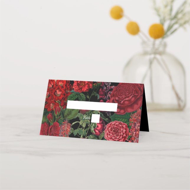 Moody Florals Black Arch Burgundy Red Wedding Place Card (Front)