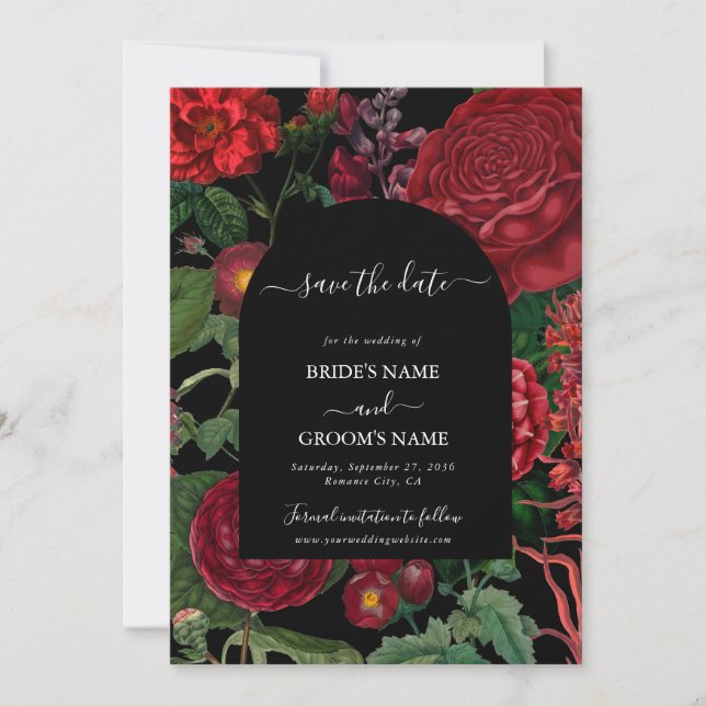 Moody Florals Black Arch Burgundy Red Wedding Save The Date (Front)