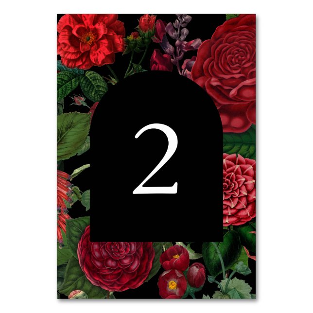 Moody Florals Black Arch Burgundy Red Wedding  Table Number (Front)