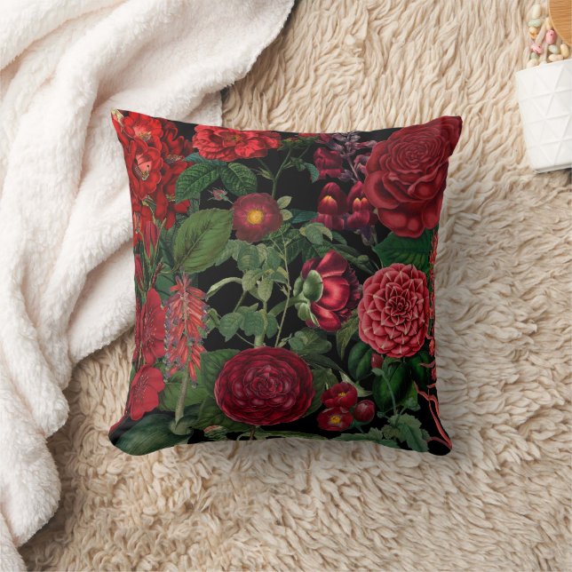 Moody Florals Black & Burgundy Vintage Cushion (Blanket)