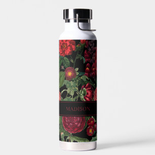 Moody Florals Black & Burgundy Vintage Monogram  Water Bottle