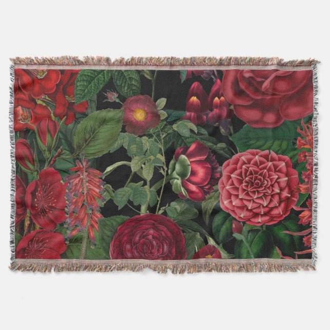Moody Florals Black & Burgundy Vintage Throw Blanket (Front)