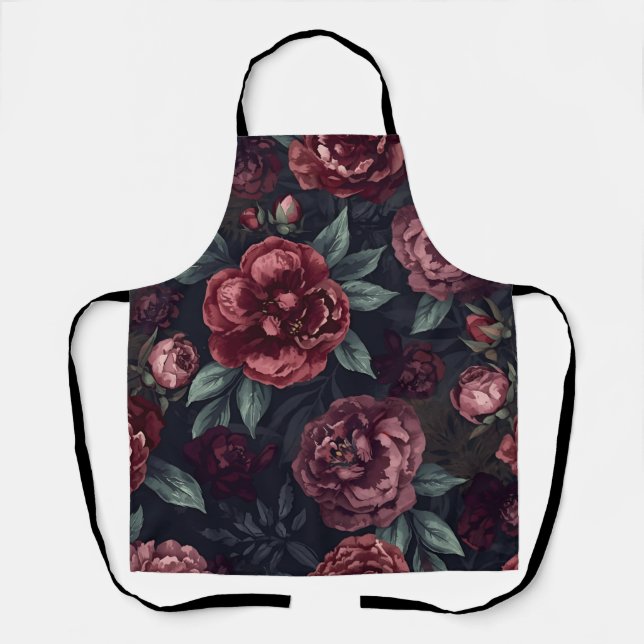 Moody Florals Watercolor Dark Red Pattern Apron (Front)