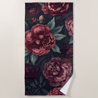 Moody Florals Watercolor Dark Red Pattern Beach Towel