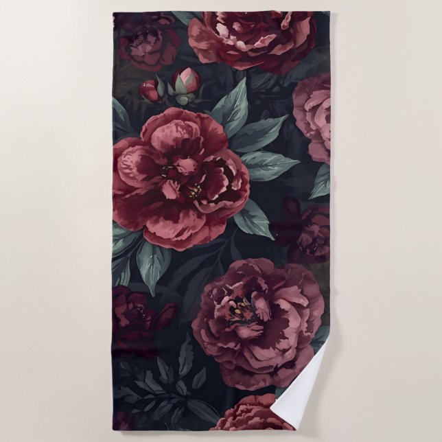 Moody Florals Watercolor Dark Red Pattern Beach Towel (Front)