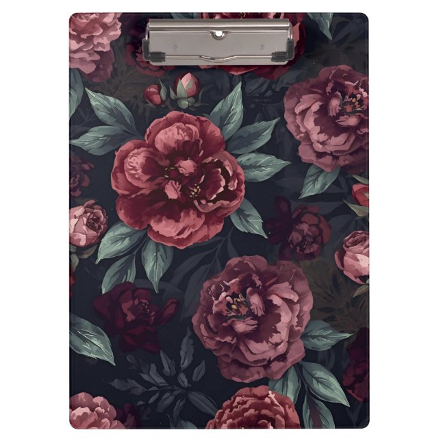 Moody Florals Watercolor Dark Red Pattern Clipboard (Front)