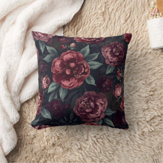 Moody Florals Watercolor Dark Red Pattern Cushion