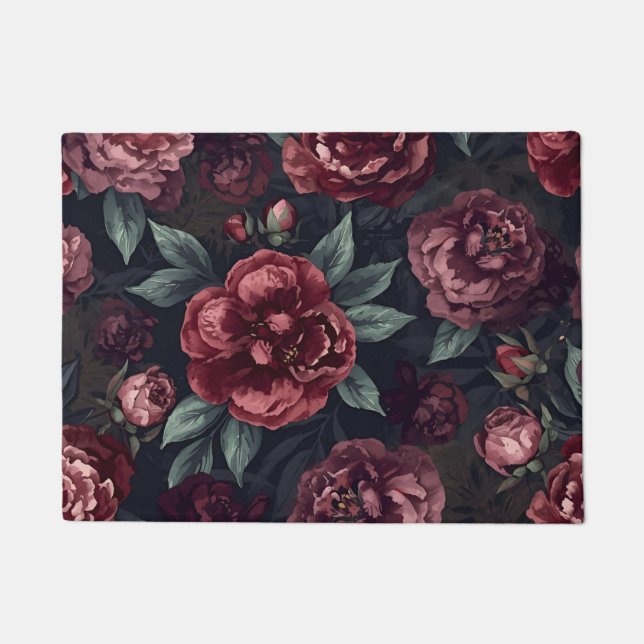 Moody Florals Watercolor Dark Red Pattern Doormat (Front)