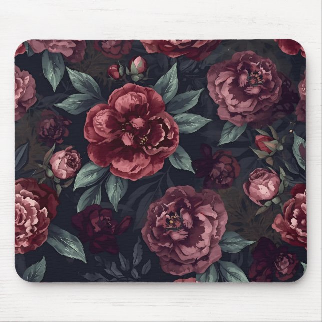 Moody Florals Watercolor Dark Red Pattern Mouse Pad (Front)