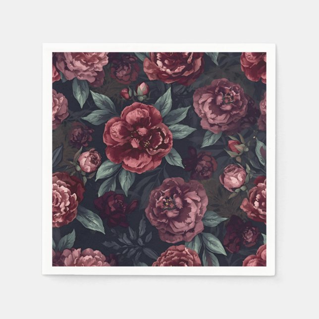 Moody Florals Watercolor Dark Red Pattern Napkin (Front)