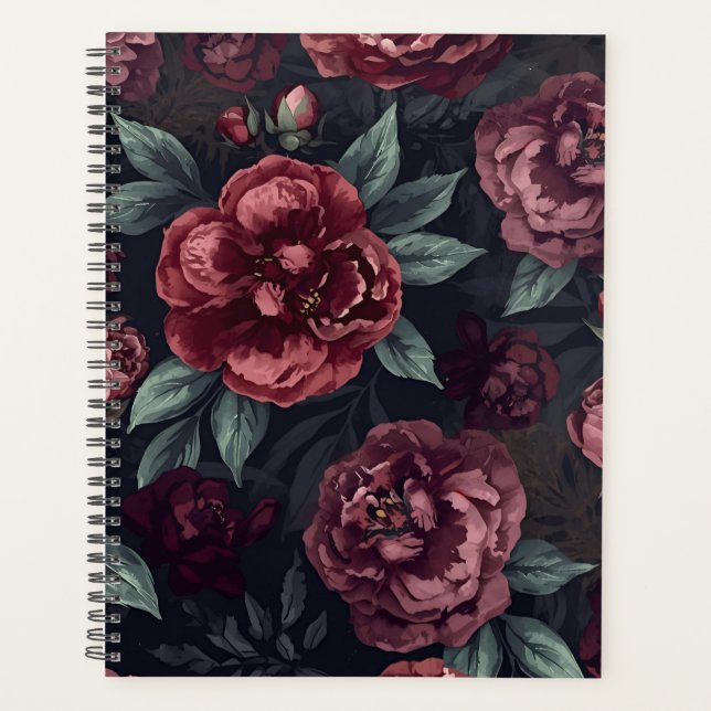Moody Florals Watercolor Dark Red Pattern Planner (Front)