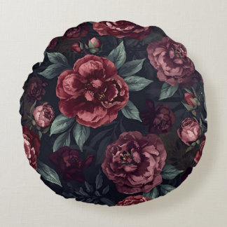 Moody Florals Watercolor Dark Red Pattern Round Cushion