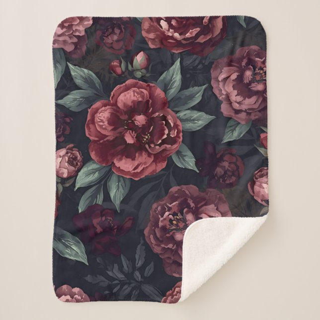 Moody Florals Watercolor Dark Red Pattern Sherpa Blanket (Front)