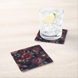 Moody Florals Watercolor Dark Red Pattern Square Paper Coaster