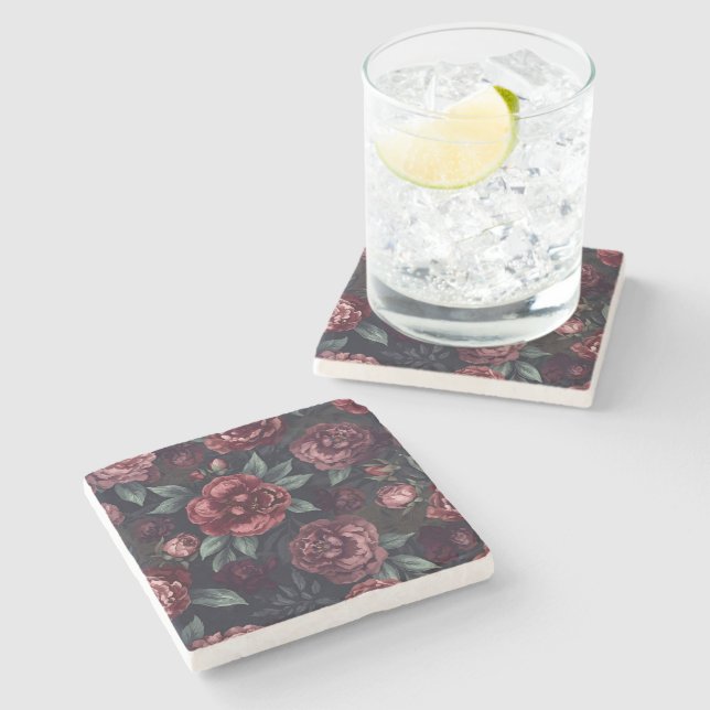 Moody Florals Watercolor Dark Red Pattern Stone Coaster (Side)