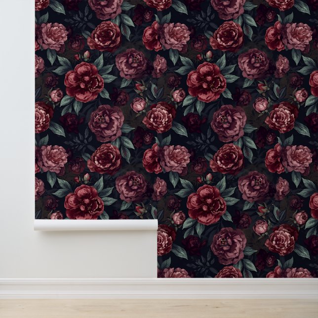 Moody Florals Watercolor Dark Red Pattern Wallpaper (Application)