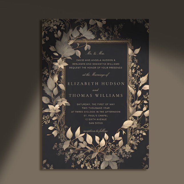 Moody Forest Botanical Classic Gold Patina Wedding Invitation (moody forest wedding invitation botanical frame black gold vintage elegant classic traditional paren)