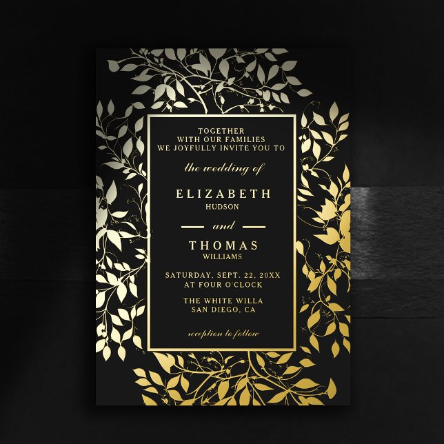Moody Forest Botanical Gold Modern Classic Wedding (moody forest wedding invitation botanical frame black gold elegant modern classic woodland fairy)