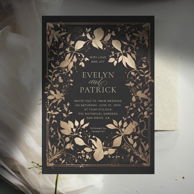 Moody Forest Botanical Modern Classic Gold Wedding Invitation (moody forest wedding invitation botanical frame dark gold elegant modern classic woodland fairy)