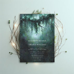 Moody Forest Enchanted Blue Modern Dark Wedding Invitation