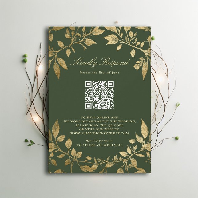 Moody Forest Foliage Frame Modern Classic QR RSVP Card (Moody Forest Foliage Frame Modern Classic QR RSVP wedding emerald green gold elegant)
