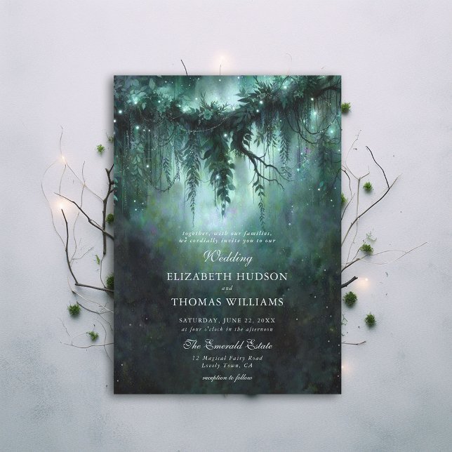 Moody Forest Greenery Enchanted Blue Dark Wedding Invitation (moody forest wedding enchanted fairy tale faerie woodland magical bespoke elegant blue formal invite)