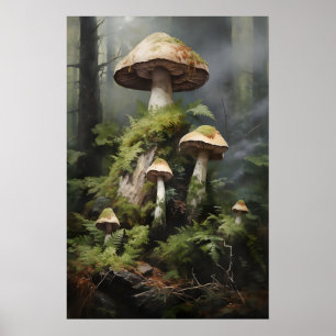 Moody Forest Mushroom Print, Botanical Dark Poster
