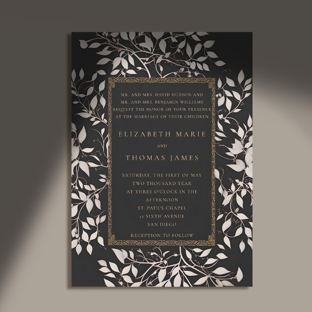 Moody Forest Patina Traditional Classic Wedding Invitation (moody forest wedding invitation botanical frame black white gold elegant classic traditional parents)