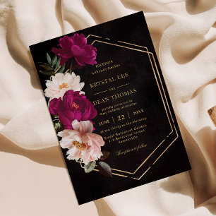 Moody Fuchsia Pink Blush Floral Peonies Wedding Invitation