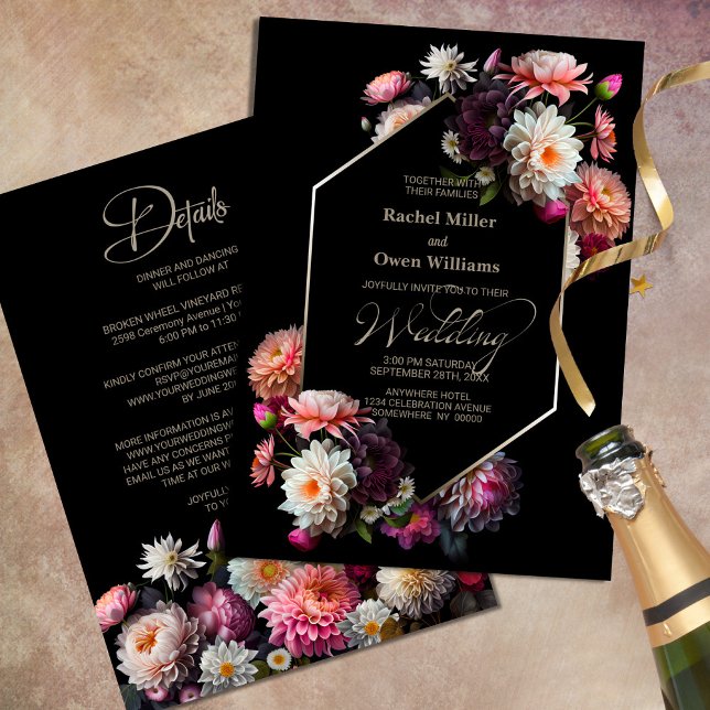 Moody Geometric Black Floral All In One Wedding Invitation (Creator Uploaded)