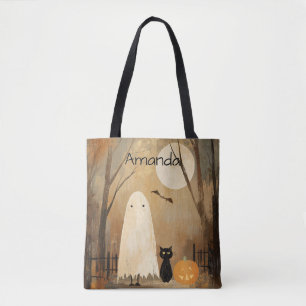 Moody Ghost & Black Cat Vintage Halloween Tote Bag